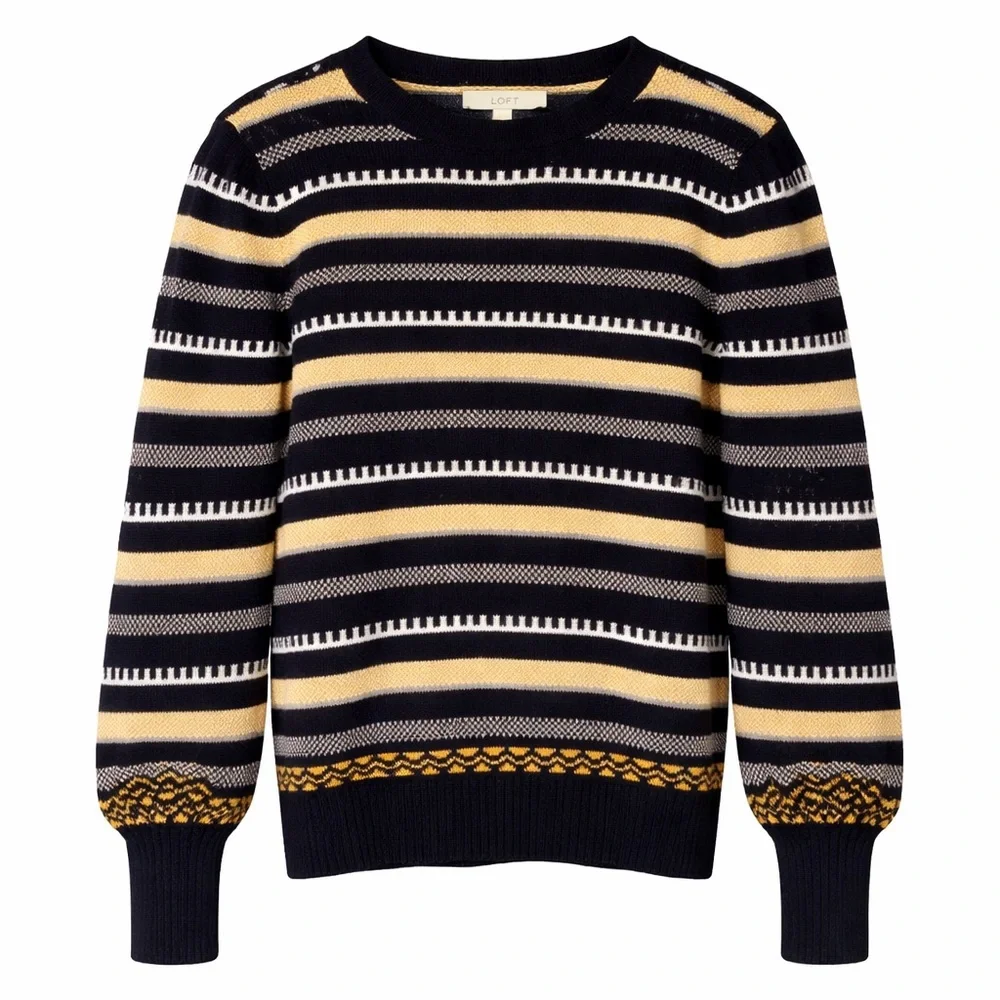Loft Navy & Gold Striped Scallop Neck Sweater